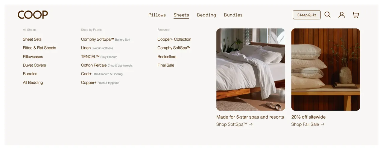 Coop Sleep Goods Sheets dropdown with a Featured column listing Copper+ Collection, Comphy SoftSpa, Bestsellers and Final Sale