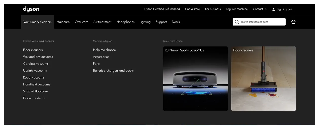 Dyson Vacuums and cleaners mega menu with a Latest from Dyson area showing an R3 Nurovi machine and a floor cleaner as image tiles