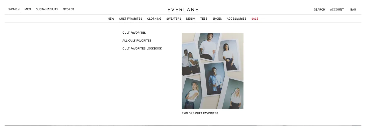 Everlane Cult Favorites tab open with All Cult Favorites and Cult Favorites Lookbook links beside a photo grid