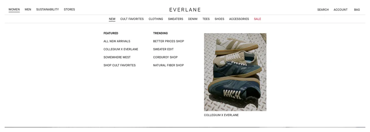 Everlane New dropdown with a Featured column and a Trending column beside a photo of Collegium x Everlane sneakers