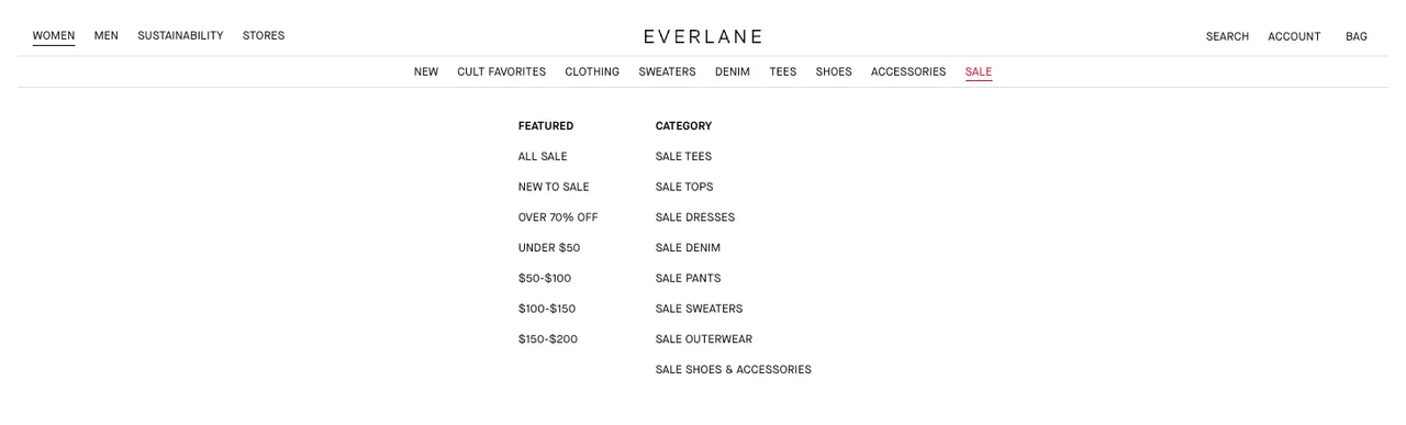 Everlane Sale dropdown with a Featured column of price tiers from Under $50 to $150-$200 next to a column of sale categories