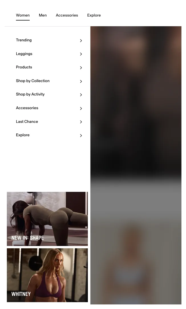 Gymshark Women menu as a side panel with category links above two large photo tiles for featured collections