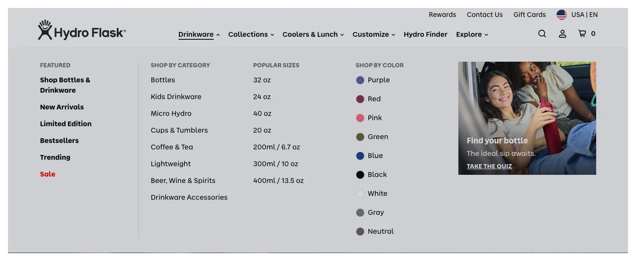 Hydro Flask Drinkware mega menu with a Featured column first, followed by category, size and color columns