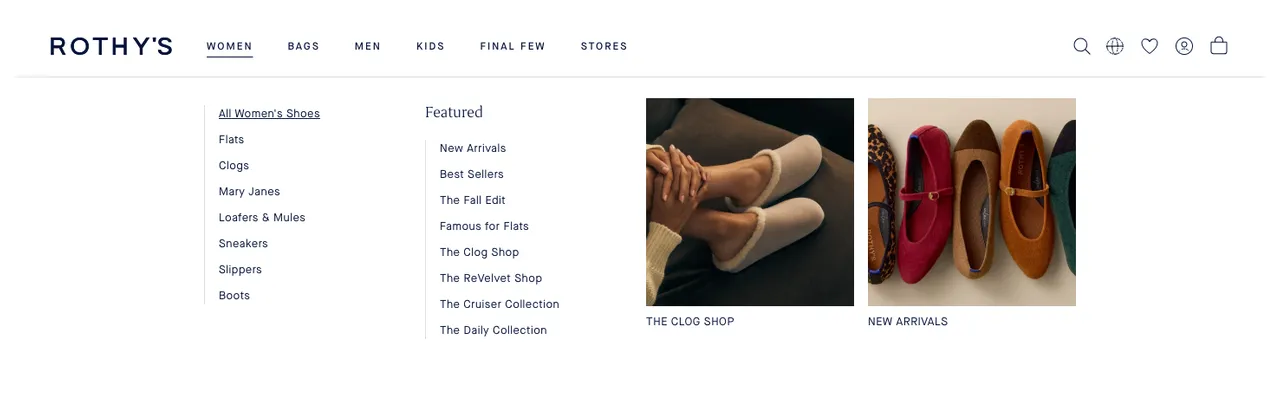 Rothy's Women menu with a Featured column of curated shops next to the shoe categories and two image tiles