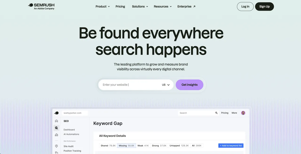 Semrush 2026 homepage with a website field to start a free SEO audit
