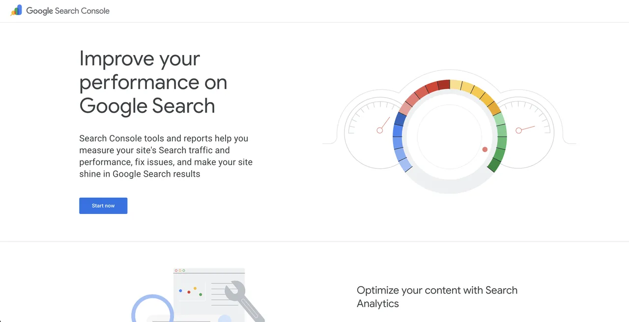 Google Search Console homepage inviting you to start monitoring your site for free