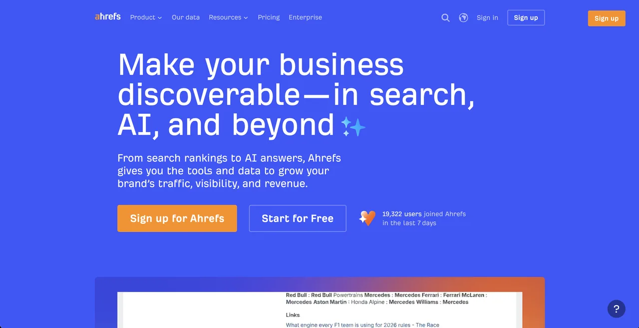 Ahrefs 2026 homepage highlighting search, AI, and SEO audit tools