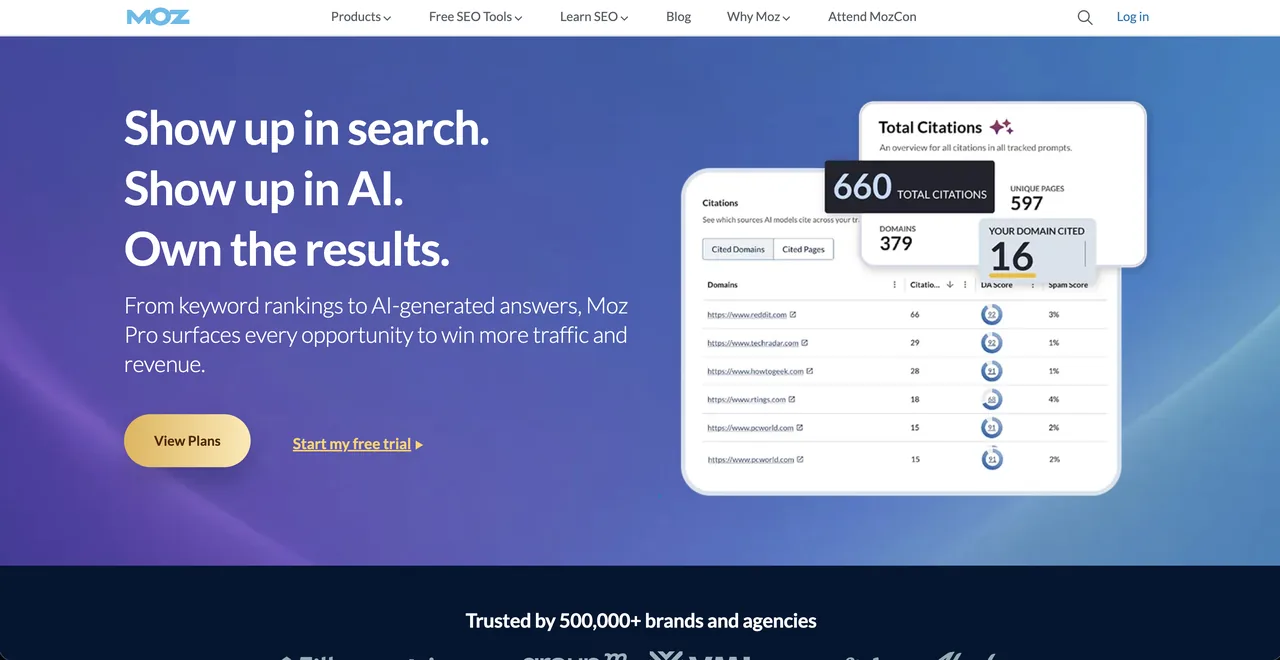 Moz homepage promoting its SEO software and site crawl audit
