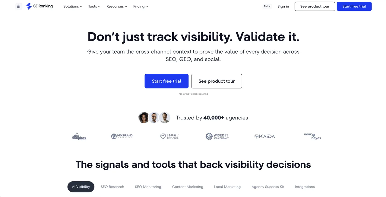 SE Ranking homepage for its all-in-one SEO platform and site audit