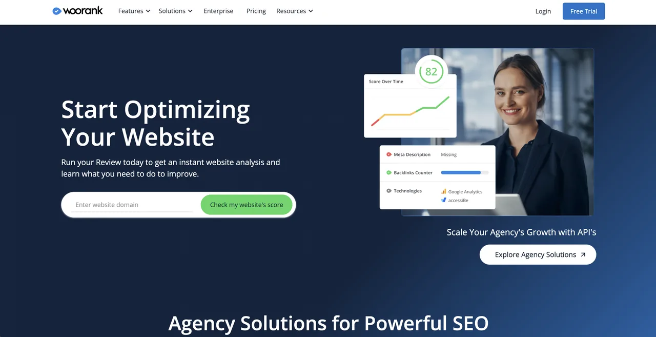 WooRank homepage offering instant website reviews and SEO audits
