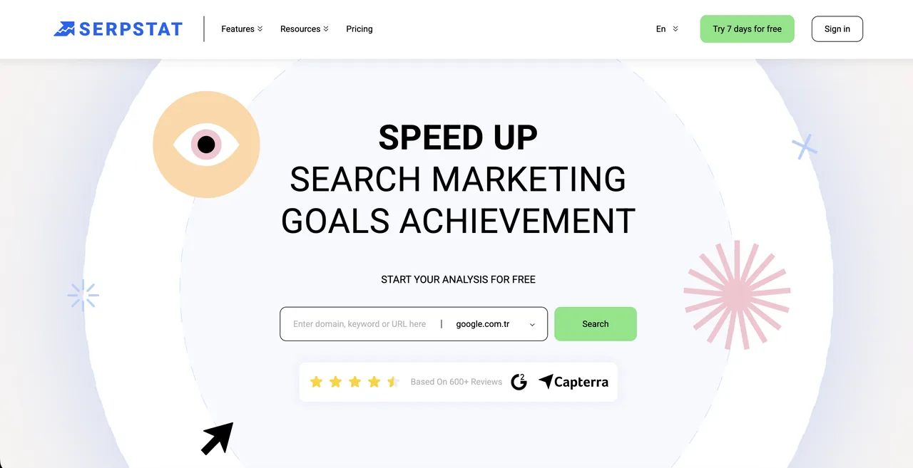 Serpstat homepage for its SEO management and website audit platform