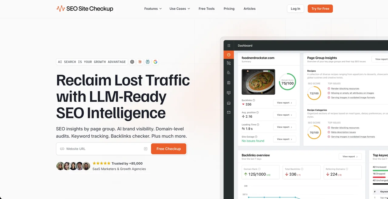 SEO Site Checkup homepage offering a fast free website SEO audit
