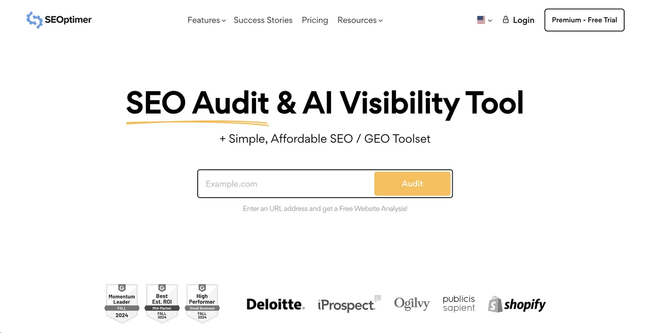 SEOptimer homepage offering a free graded website SEO audit report