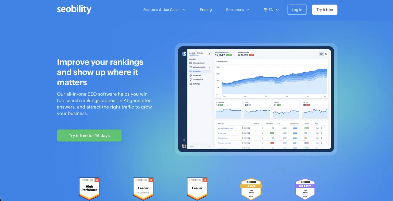Seobility homepage for its free on-site SEO audit and crawler