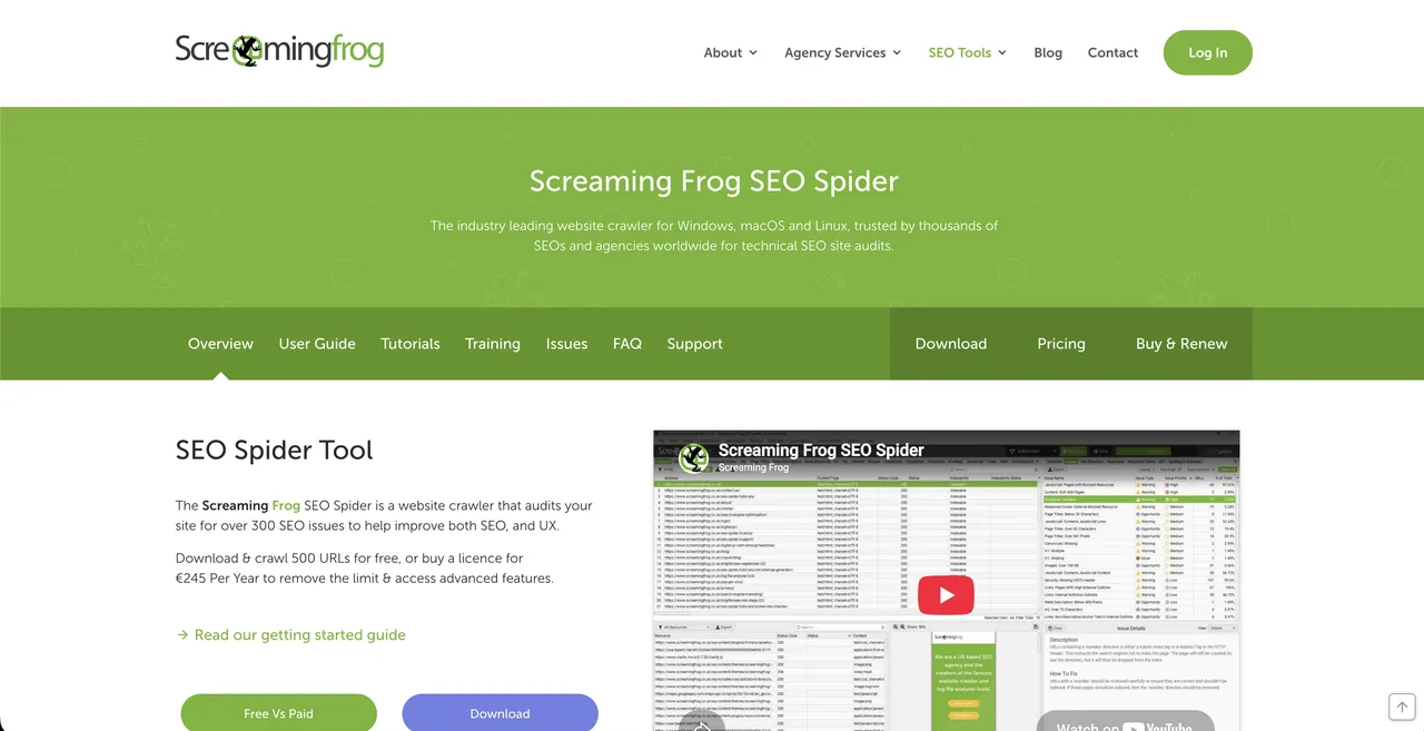 Screaming Frog SEO Spider homepage showing the free 500-URL crawl and pricing