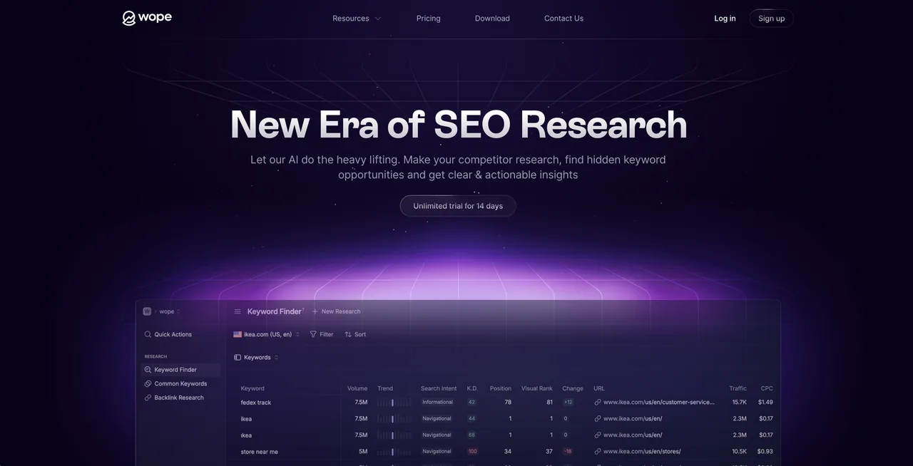 Wope homepage for its modern keyword rank tracking and SEO platform