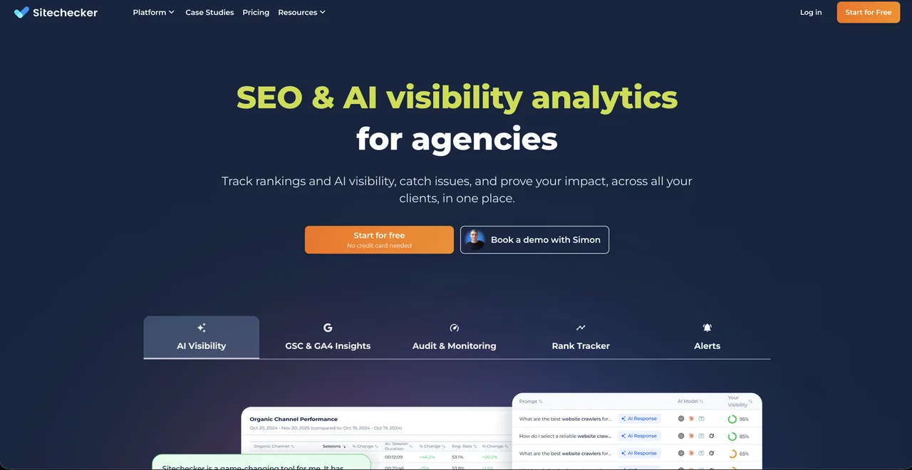 Sitechecker homepage for its website SEO audit and monitoring toolkit
