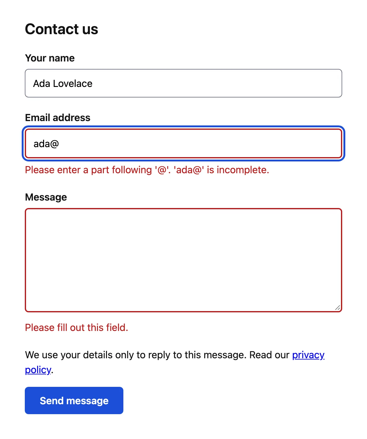 Satır içi hatalar gösteren test edilmiş HTML iletişim formu: eksik bir e-posta adresi ve boş mesaj alanı kırmızı çerçeveyle işaretli