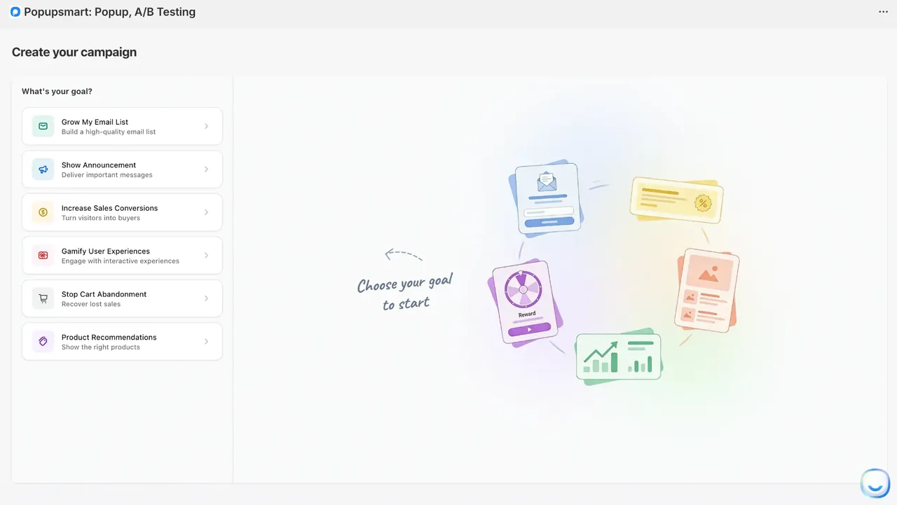 Popupsmart'ın Shopify uygulamasında hedef adımı: Increase Sales Conversions dahil altı hedef