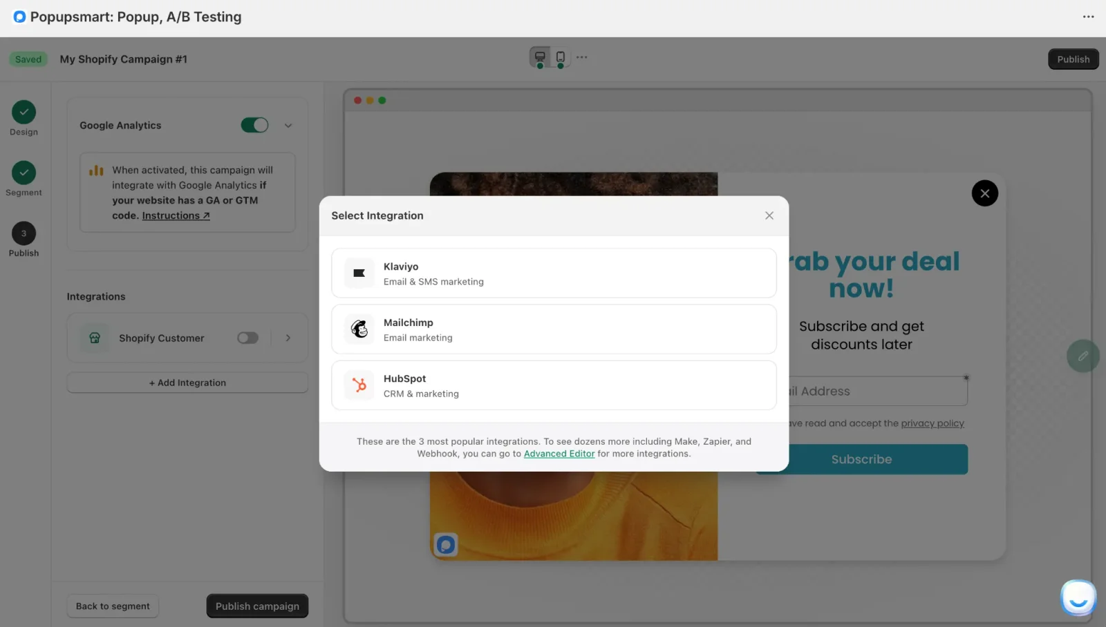 Popupsmart's Publish step with the Select Integration window listing Klaviyo, Mailchimp and HubSpot