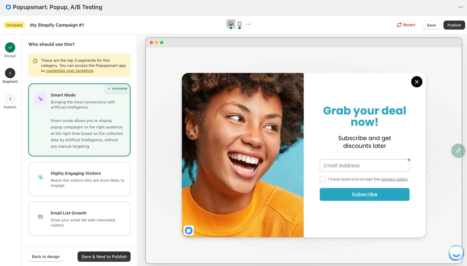 Popupsmart's Segment step with Smart Mode activated and preset segments for email list growth