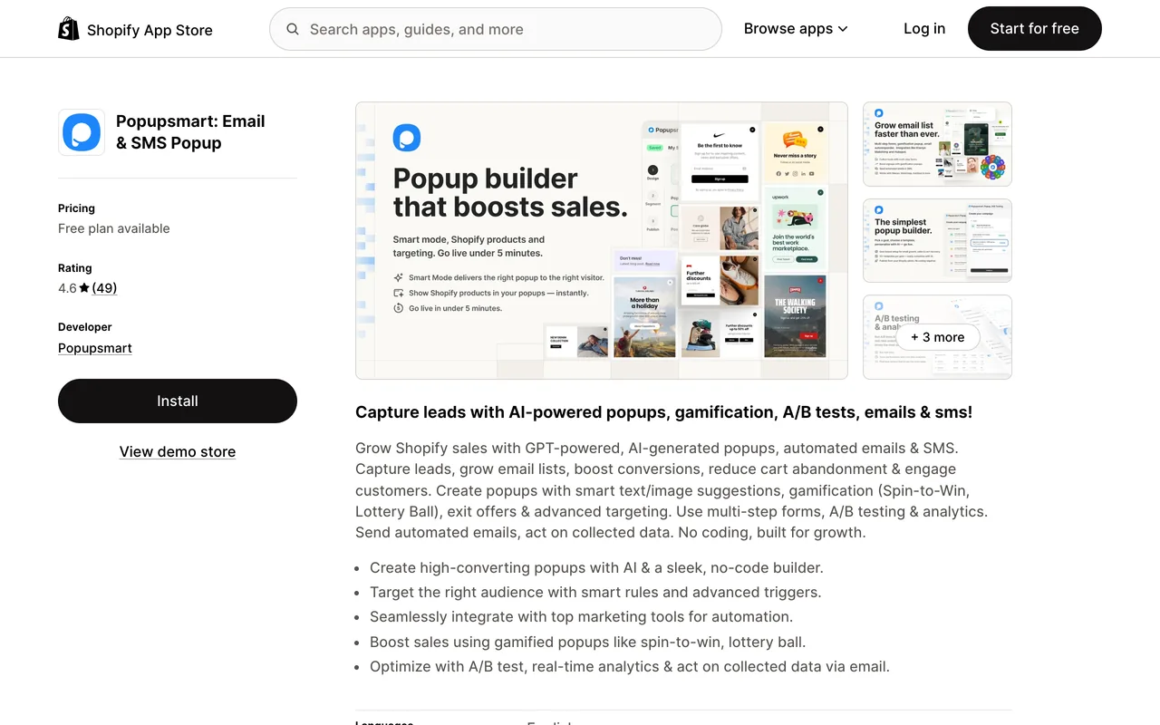 Popupsmart's listing on the Shopify App Store with the Install button