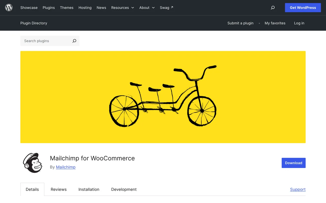 Mailchimp for WooCommerce plugin page on WordPress.org, the store route to Mailchimp pop-up forms