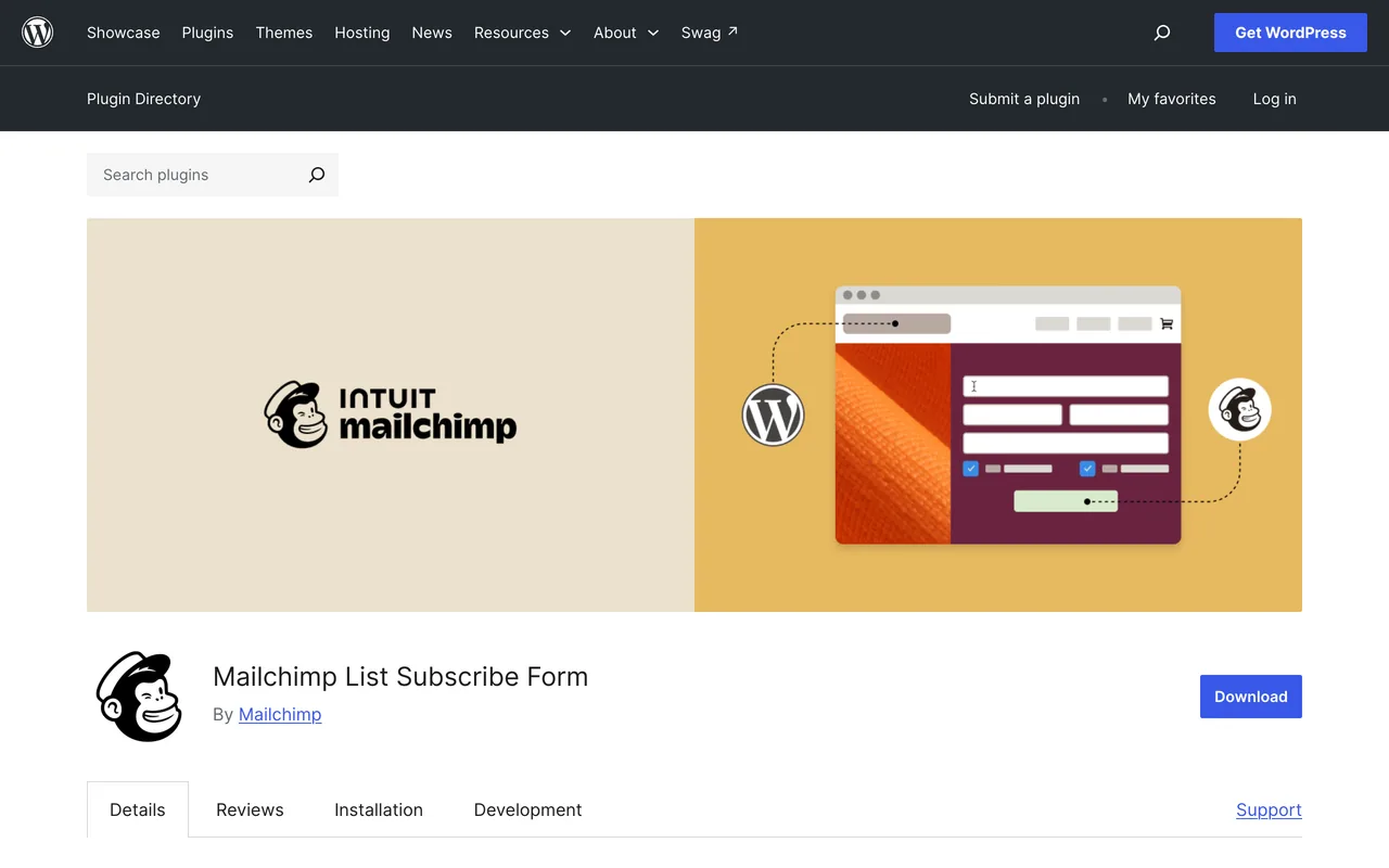 Mailchimp List Subscribe Form plugin page on WordPress.org, which adds signup forms rather than popups