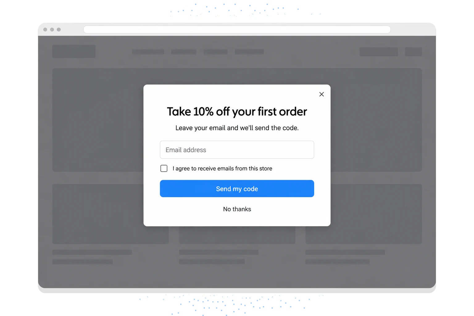 Example popup form for an online store: one email field, a consent checkbox and a Send my code button for 10% off the first order
