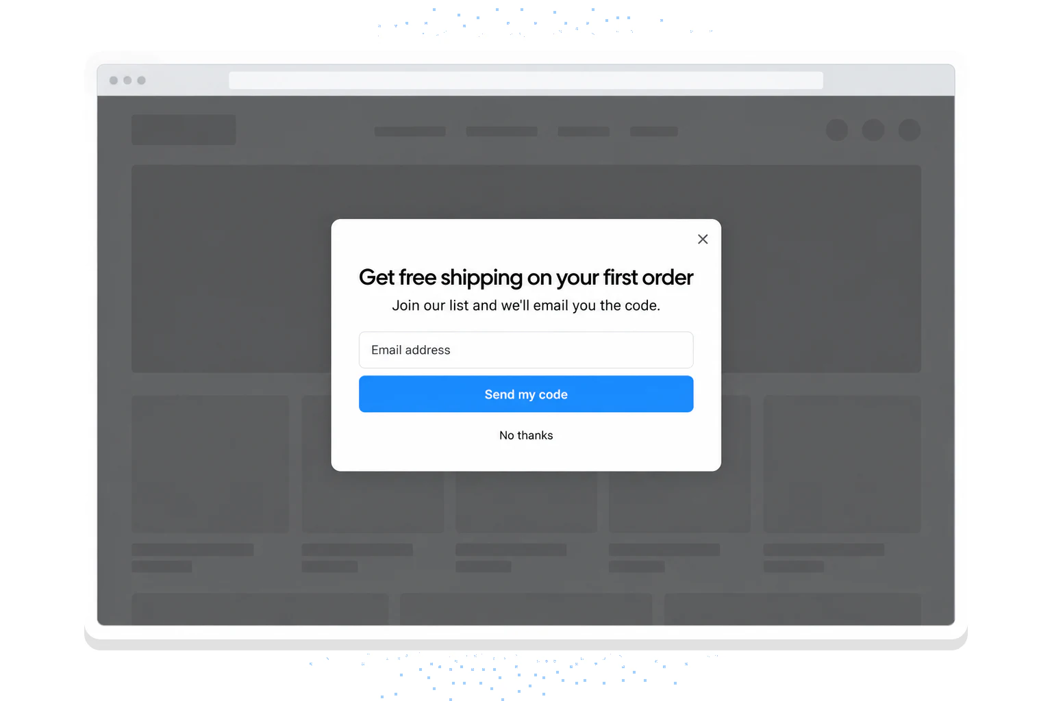 Example modal popup offering free shipping for an email, over a dimmed store page