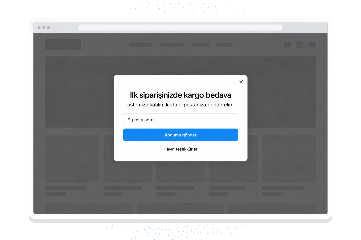 E-posta karşılığında ücretsiz kargo sunan örnek modal popup, karartılmış mağaza sayfasının üzerinde