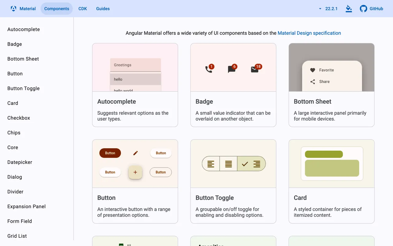 Angular Material 22.2.1 component catalog with cards for autocomplete, badge, bottom sheet, button, button toggle and card