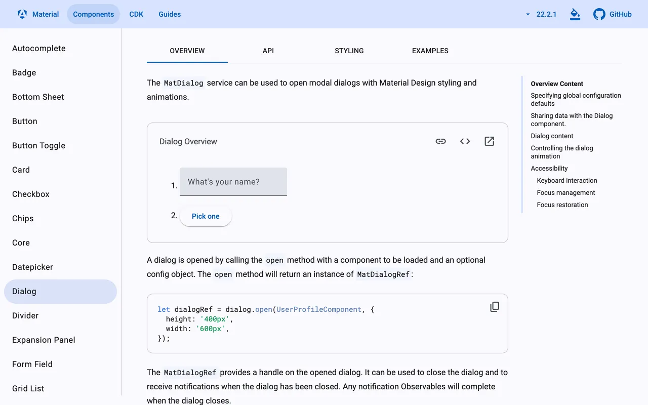 MatDialog overview page in the Angular Material 22.2.1 documentation, with a dialog example and the open() call