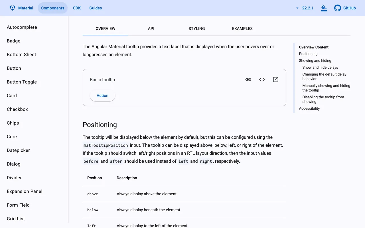 Tooltip overview page in the Angular Material 22.2.1 documentation, showing the basic tooltip example and positioning options