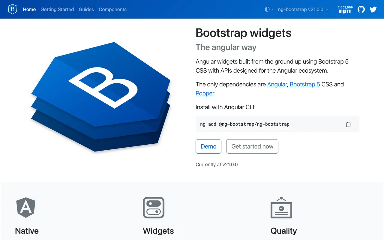 Ng-bootstrap homepage at version 21.0.0: Angular widgets built from the ground up using Bootstrap 5 CSS, installed with ng add