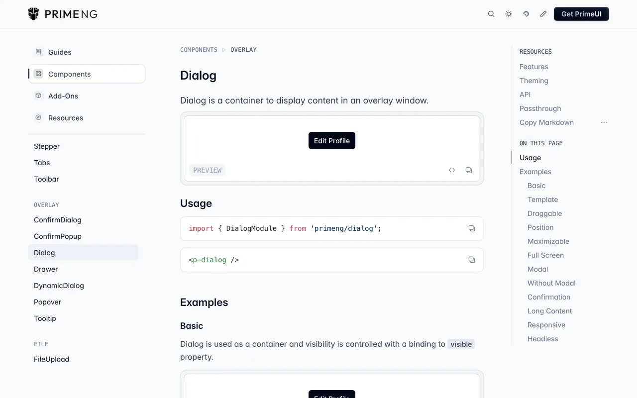 PrimeNG Dialog documentation page showing the DialogModule import and the p-dialog usage example