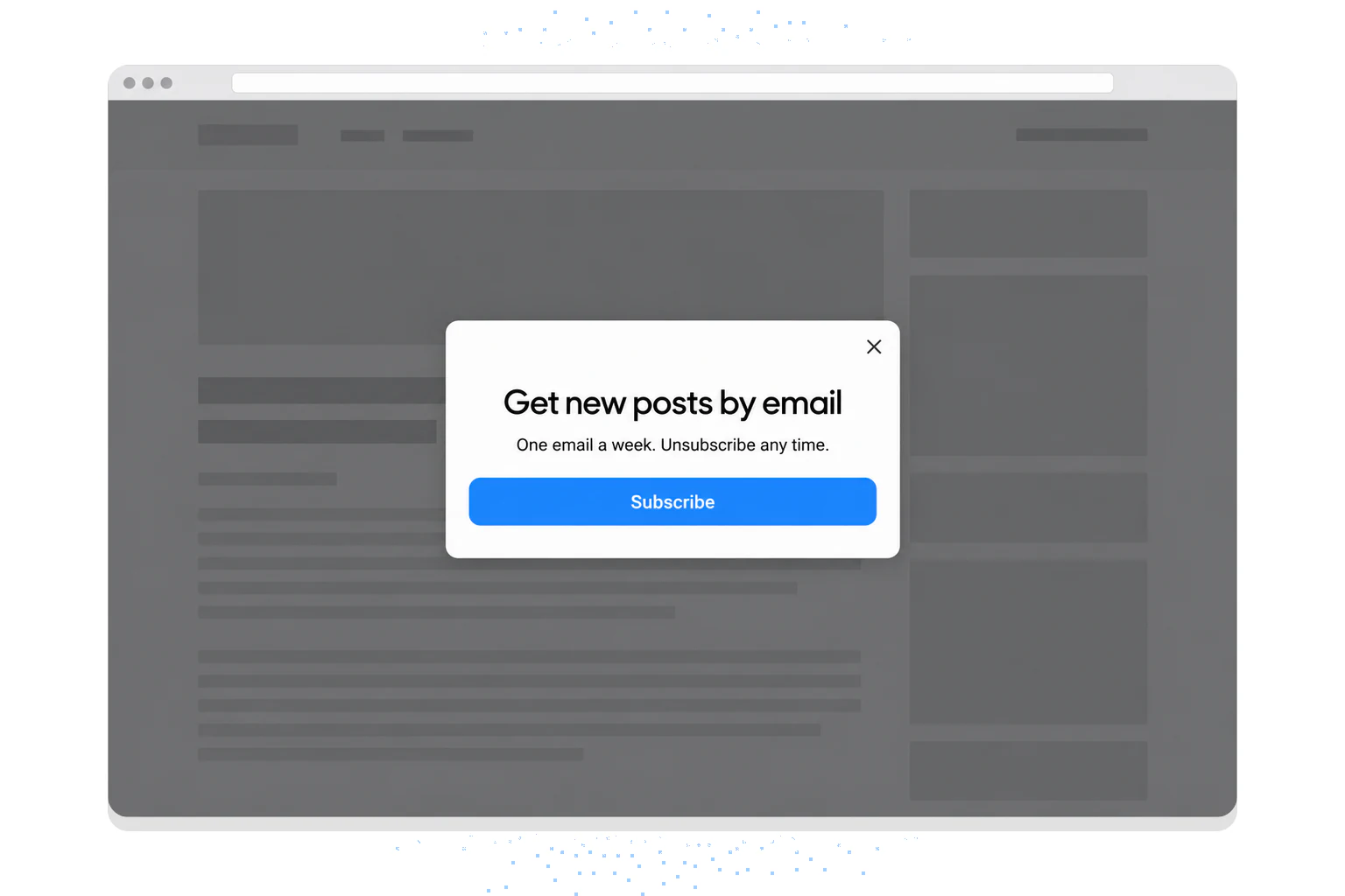 Example newsletter popup built with the HTML dialog element, open over a dimmed blog page with a Subscribe button