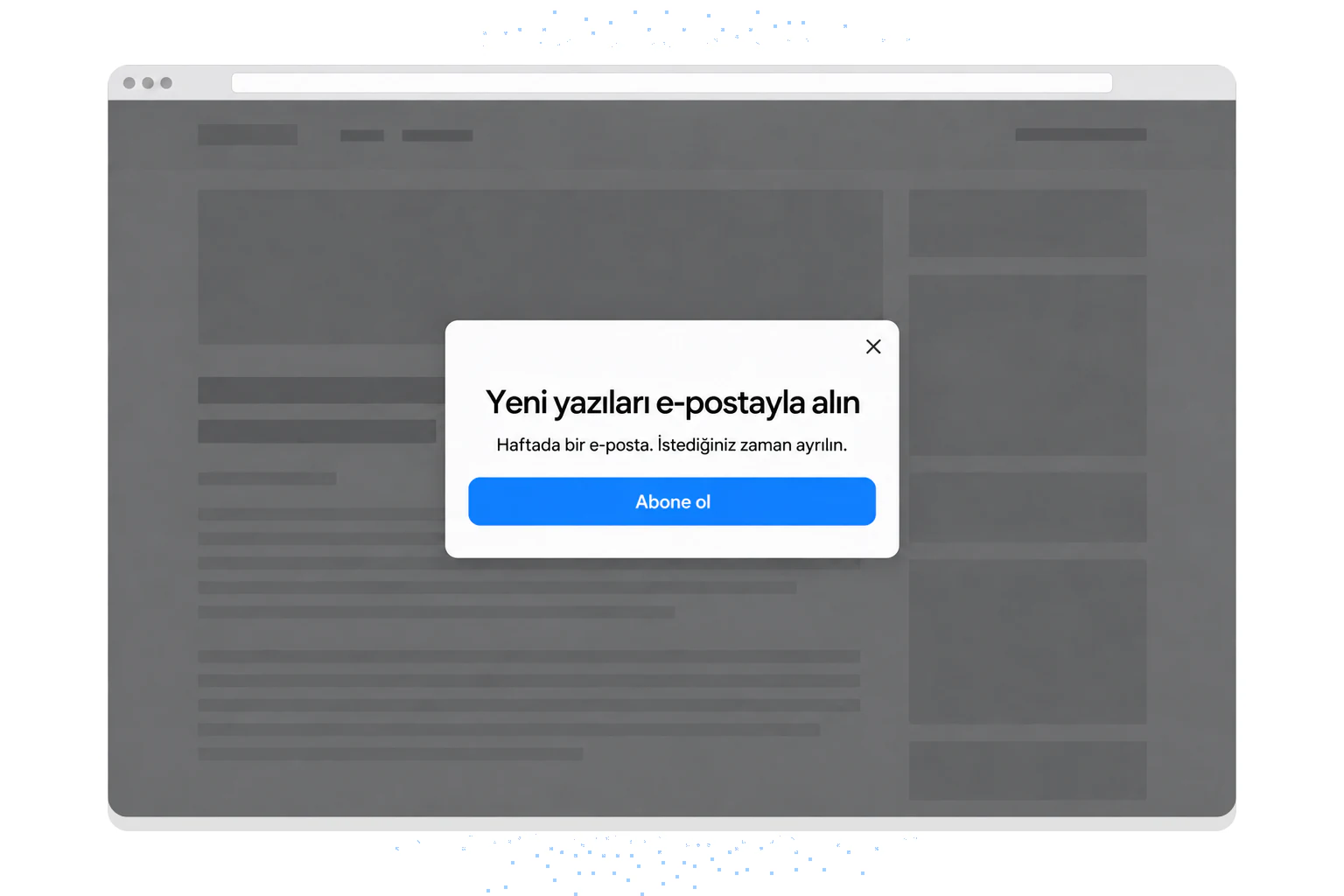 HTML dialog öğesiyle yapılmış örnek bülten popup'ı, karartılmış bir blog sayfası üzerinde Abone ol butonuyla açık