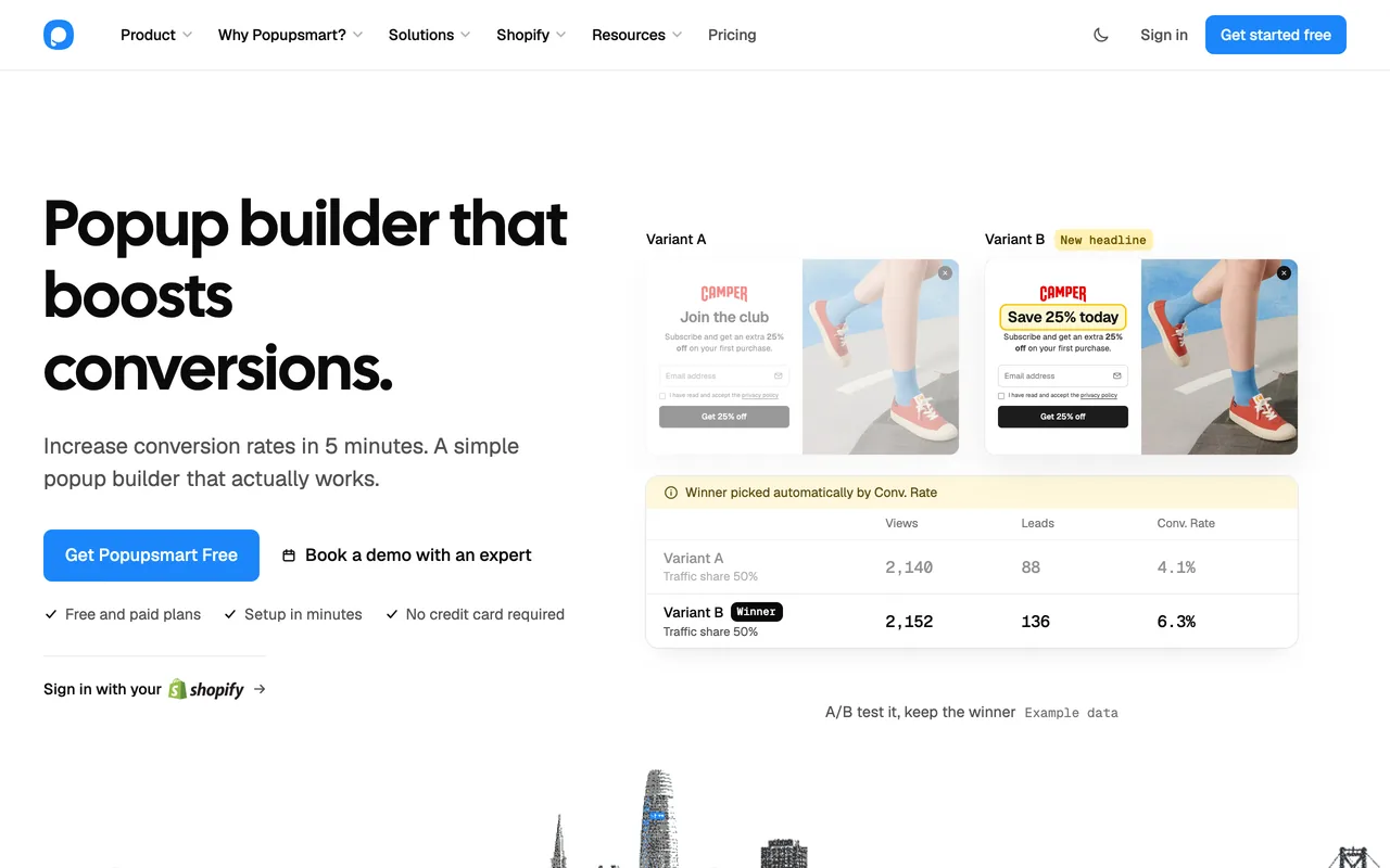 Popupsmart's homepage hero with the Get Popupsmart Free sign-up button and an A/B test example