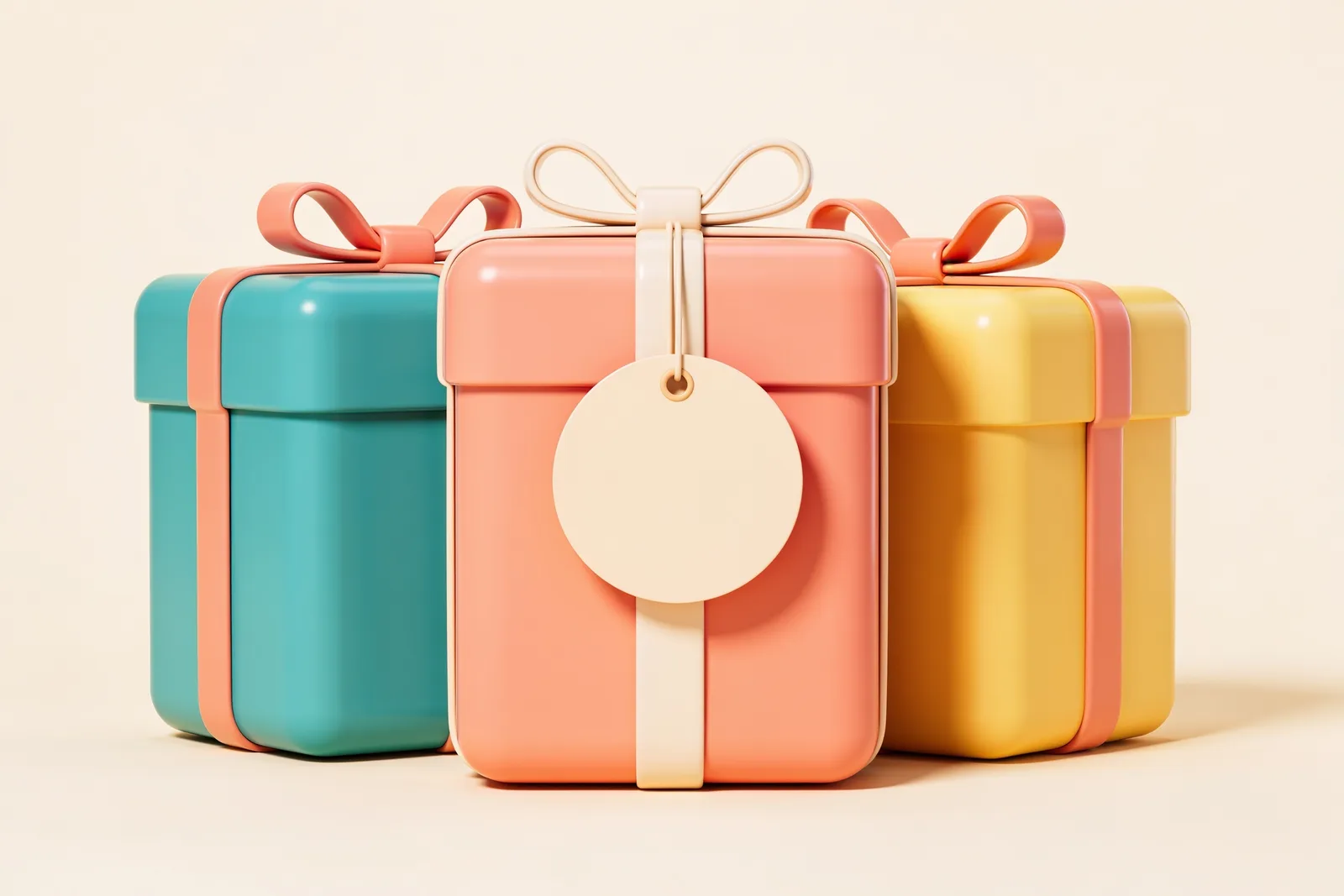 Three glossy 3D gift boxes bundled together with a ribbon and a blank tag