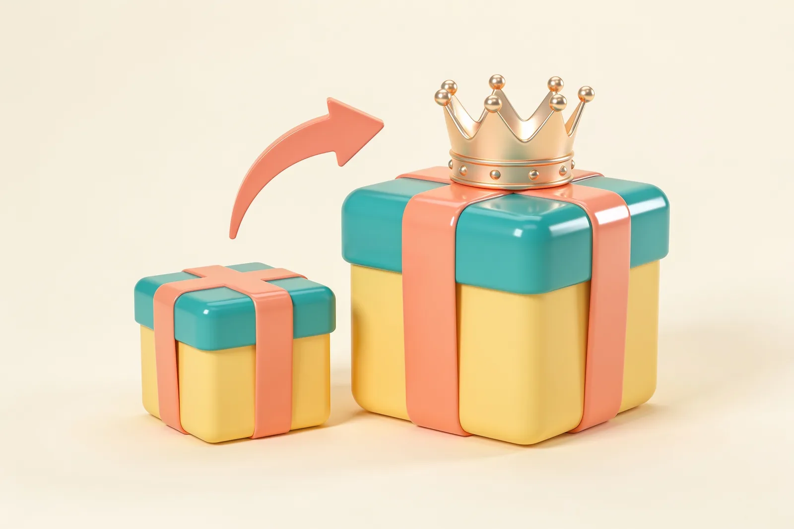 A small product box upgrading to a larger premium box with a crown and an upward arrow