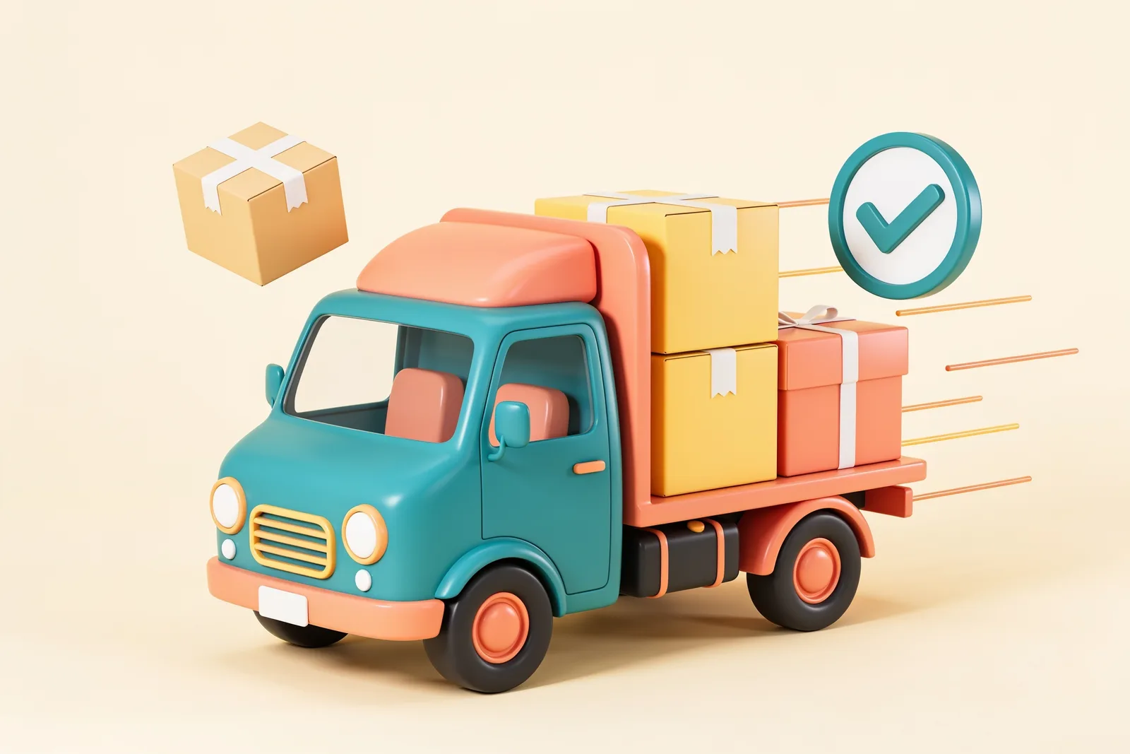 A 3D delivery truck carrying parcels with a free-shipping checkmark badge