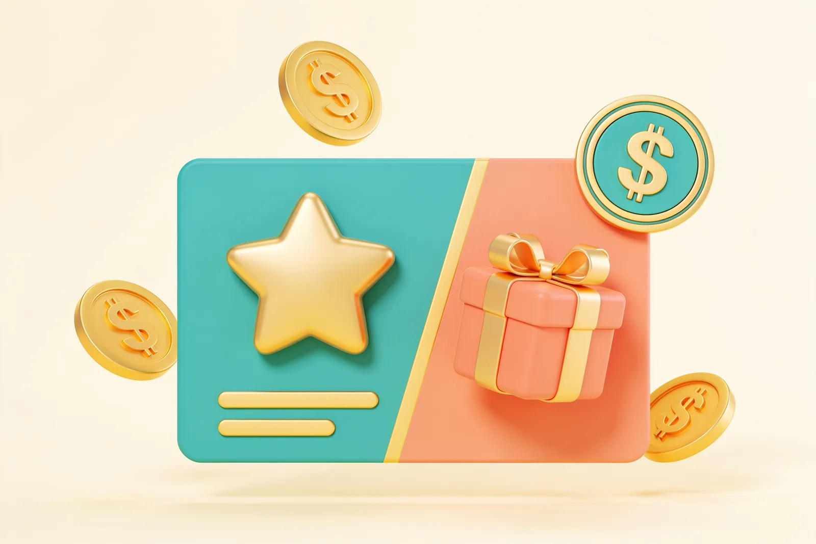 A loyalty rewards card with a gold star, a gift box, and floating dollar coins