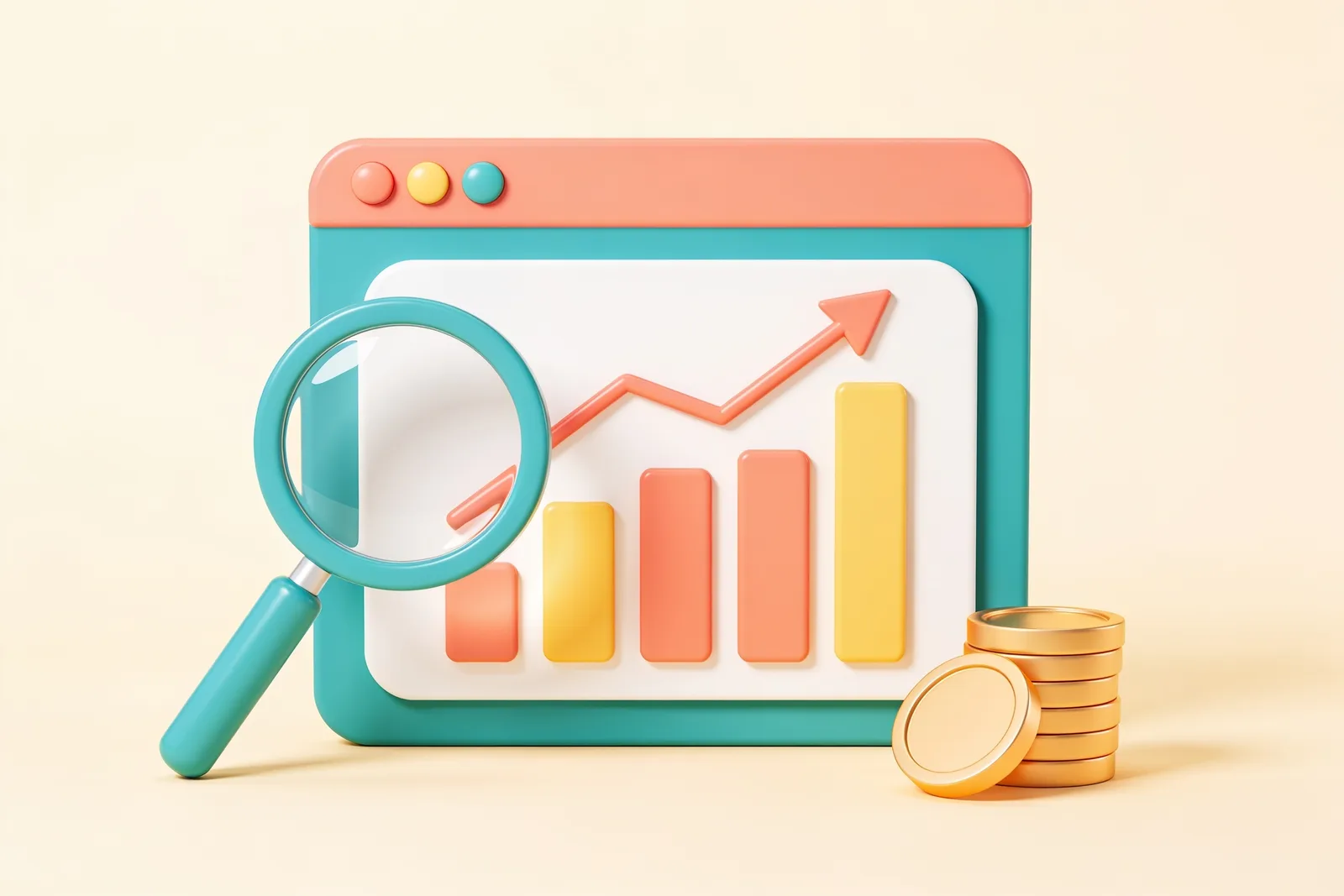 A 3D analytics dashboard with a rising bar chart, upward trend line, magnifying glass, and coins
