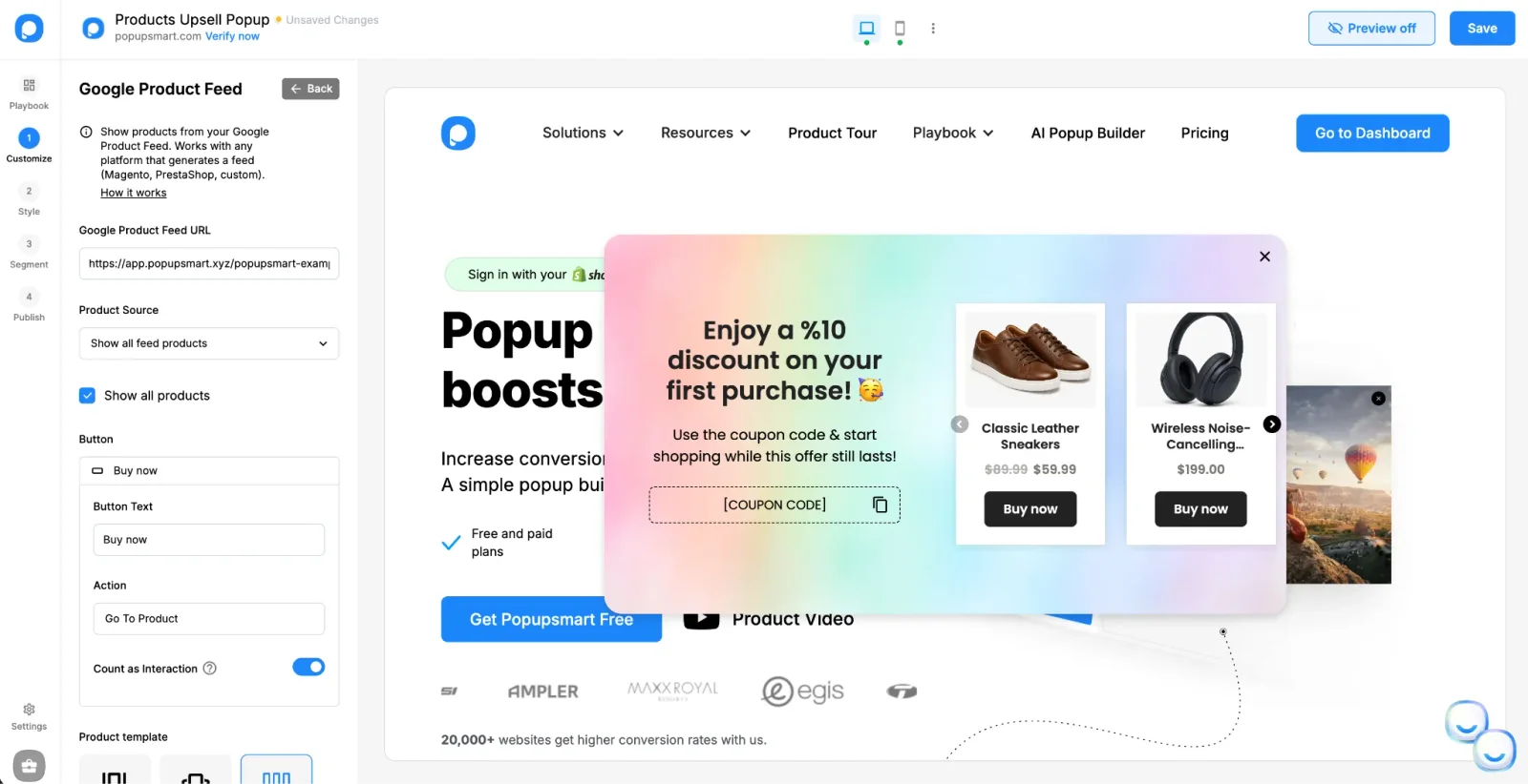 The Popupsmart editor building a products upsell popup with the Google Product Feed element and a live product carousel