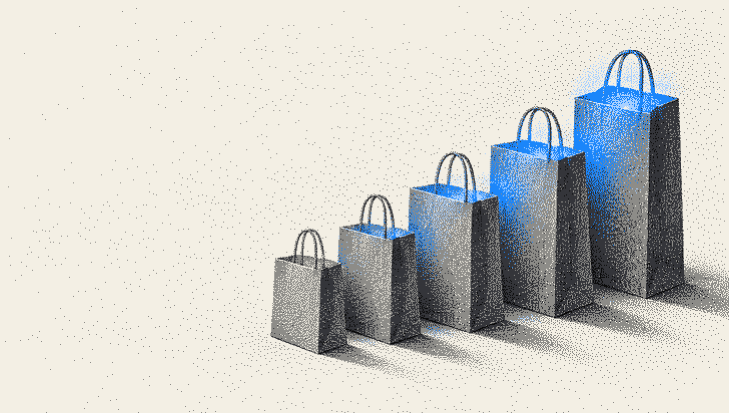 Five shopping bags in a row, each taller than the last, the tallest lit blue from inside