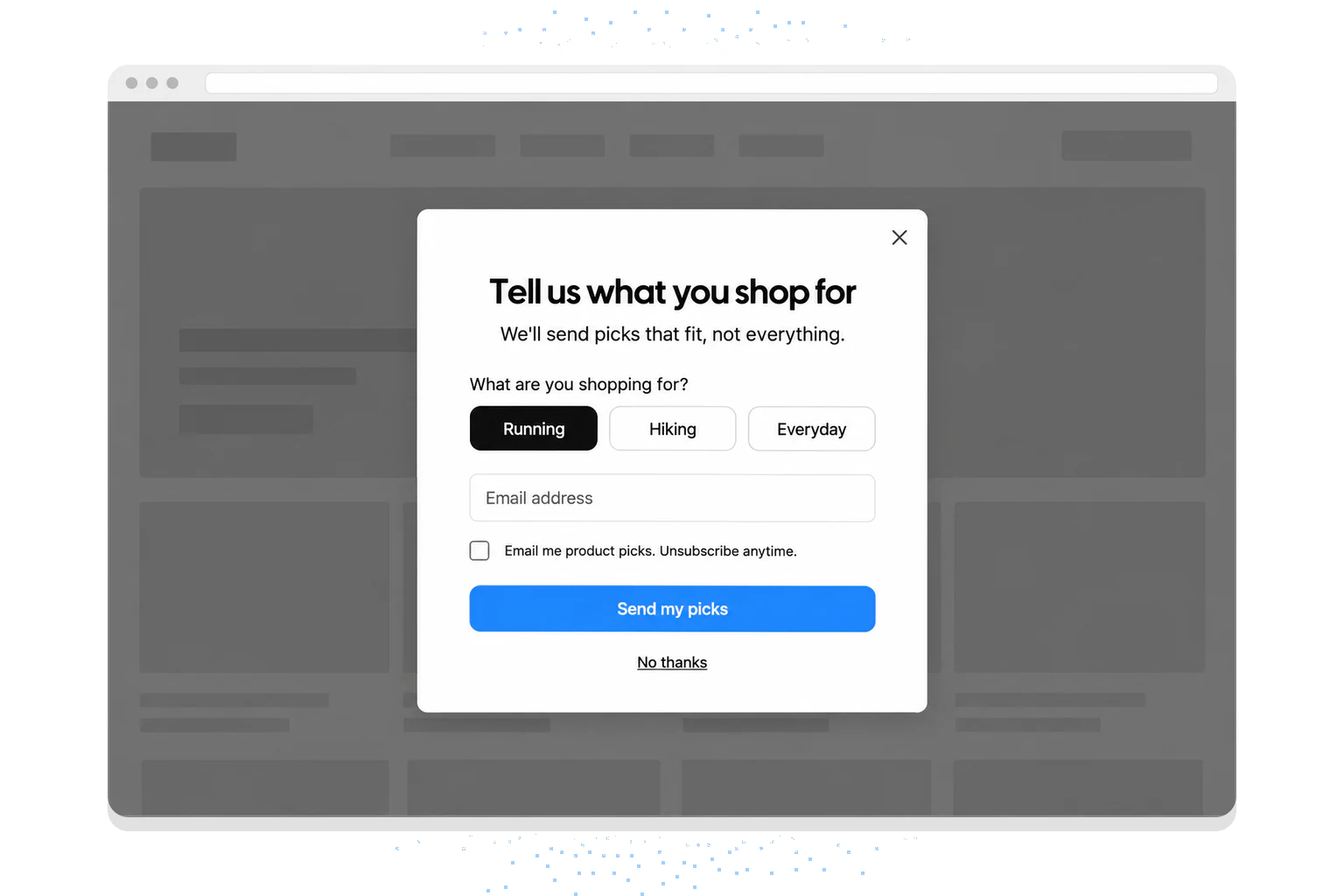 Example popup asking What are you shopping for? with Running, Hiking and Everyday options, an email field and an unticked consent box