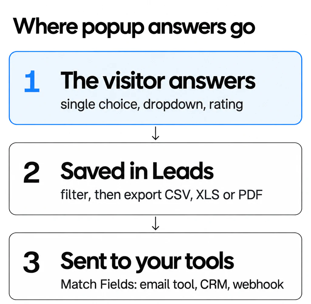 Popup answers are saved in Popupsmart's Leads list, then sent to an email tool, CRM or webhook through Match Fields