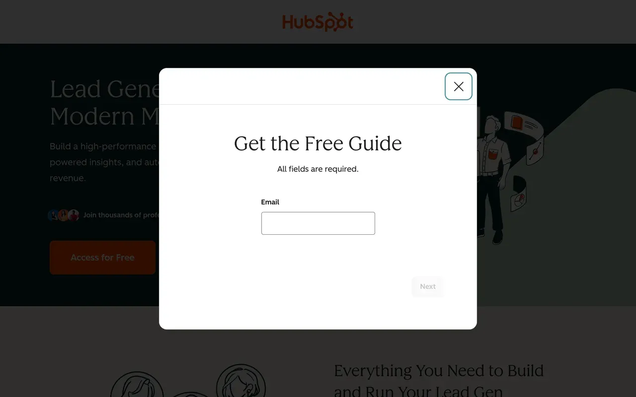 HubSpot guide download page with a form that asks only for an email address, then Next