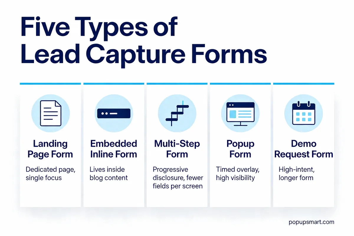 Five types of lead capture forms: landing page, embedded inline, multi-step, popup and demo request forms
